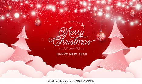 Merry christmas and happy new year invitation vector background. Winter holiday banner with light garland, spruce fir tree, clouds, falling snow texture effect and greeting text in papercut style.