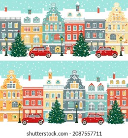 Merry Christmas and Happy New Year greeting card, illustration with Christmas tree, winter town, can used like seamless pattern.
