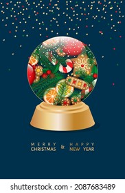 Merry Christmas and Happy New Year greeting vector poster with realistic fir tree branche, holly berry, gingerbread cookie, candy cane, orange slice, snow, arranged in Christmas glass snow globe frame