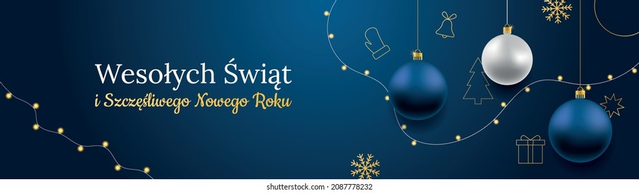 Merry Christmas and Happy New Year vector banner. Realistic rose gold and blue baubles, snowflakes hanging on dark blue background with realistic garland. Background with gold Christmas icon