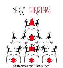 Merry Christmas Happy New Year. Christmas tree bunny. Triangle shape. Cute cartoon kawaii pet set. Santa Claus red hat. Doodle line rabbit hare. Xmas ball toy. Flat design. White background. Vector