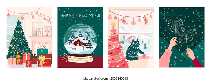 Merry Christmas and Happy New Year set of greeting cards, festive posters. Christmas spirit at home with tree, snowball, envelopes and letters. Clebrating with sparklers in hands. Vector illustration