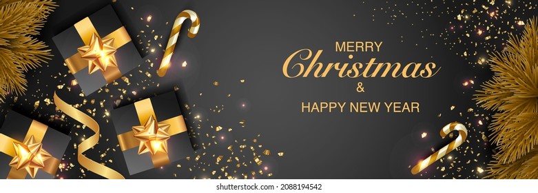 Merry Christmas and Happy New Year. Vector illustration for winter holiday. December. Flying golden confetti. Golden luxury product label. Web banner, poster, postcard. Modern design 