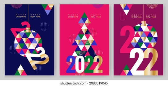 Merry Christmas and Happy New Year 2022, greeting cards, posters, holiday banners set. Modern Xmas design with triangle fir tree pattern in trendy Very Peri, pink, gold colors. Christmas ball, numbers