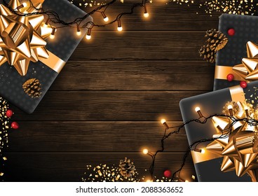 Merry Christmas and Happy New Year! Wooden background with gifts and garland. Highly realistic illustration.