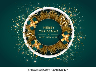 Merry Christmas and Happy New Year. Vector illustration for winter holiday. December. Flying golden confetti. Golden luxury product label. Web banner, poster, postcard. Modern design