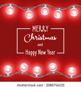 Merry Christmas and Happy New Year. Bright red glowing holiday poster with vintage round garlands
