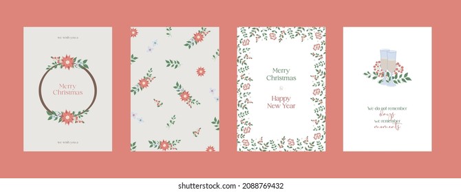 Merry Christmas and Happy New Year Set of backgrounds, greeting cards, posters, holiday covers. Christmas tree, balls, stars, sequins and elegant lettering. Trendy templates