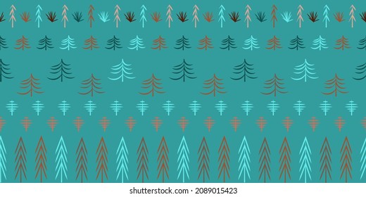 Merry Christmas And Happy New Year Seamless Horizontal Background. Child's Drawing Of Trees In Forest. Vector Pattern In Trendy Soft Pastel Colors On Blue Background.