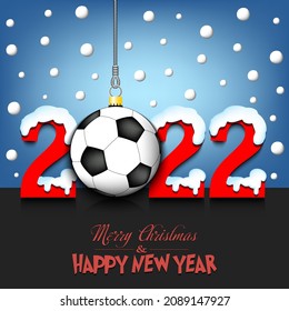 Merry Christmas and Happy New Year. Number 2022 and soccer ball as a Christmas decorations hanging on strings amid falling snow on a mirror surface. Pattern for greeting card. Vector illustration