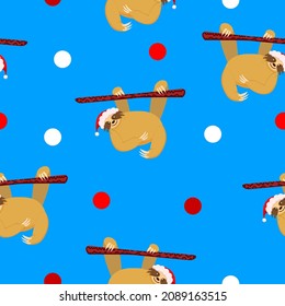 Merry Christmas. Happy New Year. Seamless pattern. Baby sloth hanging on a branch in red hat. Blue background. Cute and funny. Cartoon style. Post card, wallpaper, textile, wrapping paper, decoration
