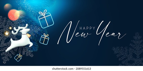 Merry Christmas and Happy New Year Holiday background with jumping deer, neon gift box, fir tree branch, bokeh effect and lights.