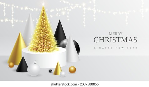 Merry Christmas and happy New Year poster with christmas holiday decorations. Christmas holiday background. Vector illustration
