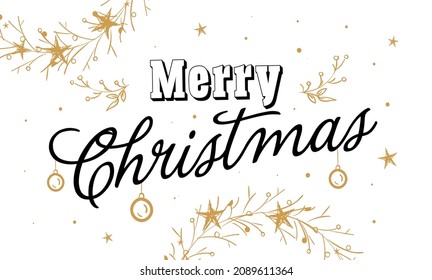 Merry christmas, happy new year lettering font text card. Typography inscription decoration poster type winter holiday art design tree circular wreath, old style snow. Illustration isolated background