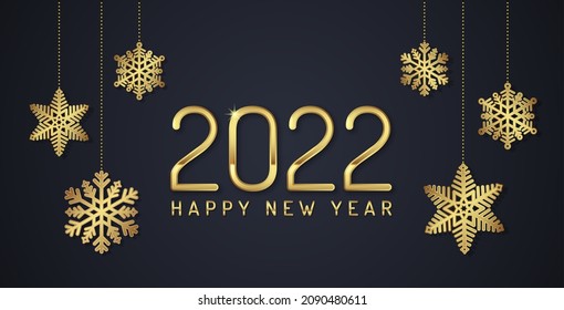 Merry christmas and happy new year 2022 banner template typography, golden glitter balls, stars, ribbons and gifts decoration for flyers, poster, web, poster and card vector illustration