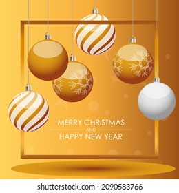 Merry Christmas and Happy New Year gift card with golden balls. Elegant vector background