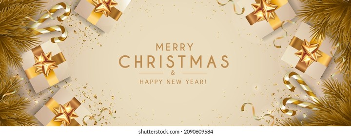 Merry Christmas and Happy New Year. Winter holiday. December. Flying golden confetti. Golden luxury product label. Web banner, poster, postcard. Modern design