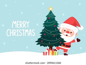 Merry Christmas and happy new year 2022 greeting card. Santa Claus cartoon Cute Christmas mascot.