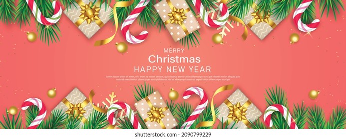 Merry christmas and happy new year banner template design with decorative pine leaves, candy, christmas light and gifts. vector illustration.