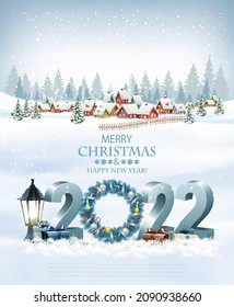 Merry Christmas and Happy New Year holiday background with colorful gift boxes and garland. Vector.