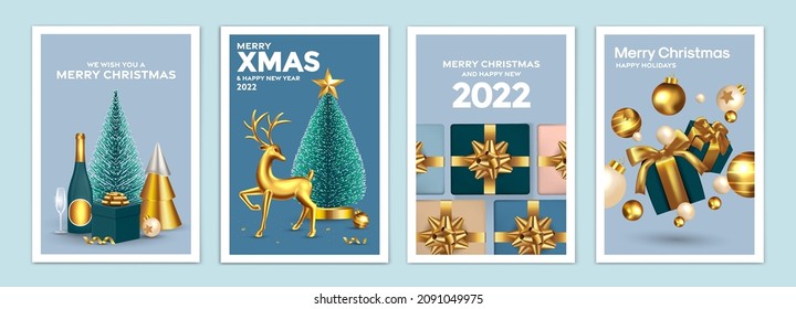 Feliz Navidad y Feliz Año Nuevo, tarjetas de felicitación, afiches, portadas de fiestas. Diseño con la víspera de Año Nuevo realista y adornos navideños. Plantillas festivas Vector Illustration Xmas