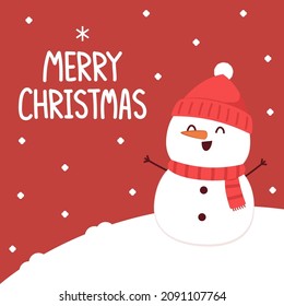 Merry Christmas and happy new year 2022 greeting card. Snowman cartoon character. Cute Christmas mascot.
