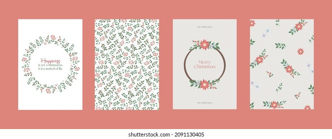 Merry Christmas and Happy New Year Set of backgrounds, greeting cards, posters, holiday covers. Christmas tree, balls, stars, sequins and elegant lettering. Trendy templates