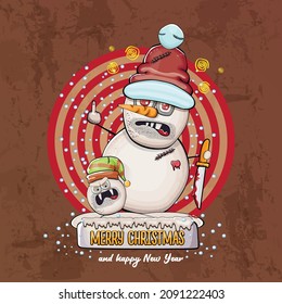 Merry Christmas and happy new year greeting card with bad crazy snowman holding knife with santa hat and his friend bad little angry elf. Vector  crazy cartoon greeting card concept illustration