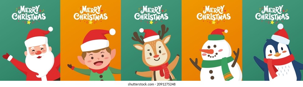 Feliz Navidad y Feliz Año Nuevo personajes de caricatura de Santa Claus, renos, elfo Snowman, pingüino haciendo poses alegres. Ilustración vectorial