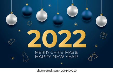 Merry Christmas and Happy New Year vector banner. Realistic rose gold and blue baubles, snowflakes hanging on dark blue background with realistic garland. Background with gold Christmas icon