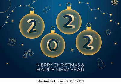 Merry Christmas and Happy New Year vector banner. Realistic rose gold and blue baubles, snowflakes hanging on dark blue background with realistic garland. Background with gold Christmas icon