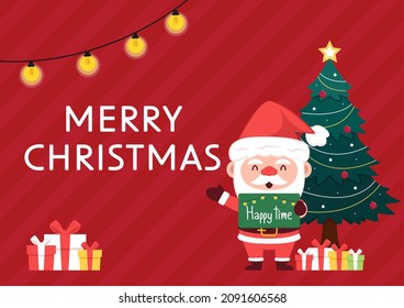 Merry Christmas and happy new year 2022 greeting card. Santa Claus cartoon Cute Christmas mascot.