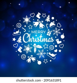 Merry Christmas and happy new year holiday greeting card. Xmas design elements on blue bokeh background. Vector christmas illustration. Design of banner, poster for party, holiday