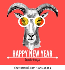 Merry Christmas and Happy New Year card with watercolor portrait of hipster goat. Hand drawn vector illustration