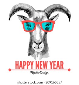 Merry Christmas and Happy New Year card with watercolor portrait of hipster goat. Hand drawn vector illustration