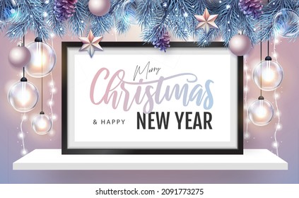 Merry Christmas and happy New Year poster with christmas holiday decorations. Chrisrmas background with string of lights. 3D interior design with black frame on white walll shelf.