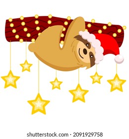 Merry Christmas. Happy New Year. Baby sloth hanging on tree in red and white hat. Holiday yellow round lights. Shining stars. Cute and funny. Cartoon style. Post card, poster, graphic design, textile