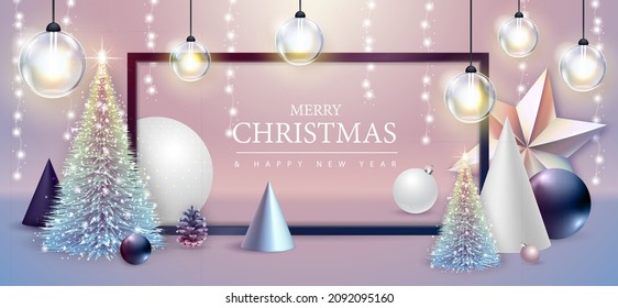 Merry Christmas and happy New Year poster with christmas holiday decorations. Christmas holiday background. Vector illustration