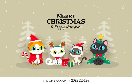 Merry Christmas and Happy New Year Greeting Card Vector illustration. Cute cats in Christmas pet costume