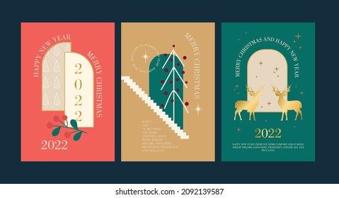 Merry Christmas and Happy New Year Set of greeting cards, posters, holiday covers. Universal template, modern, modern, fashionable image.