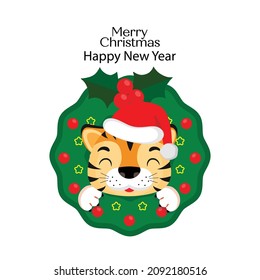 Merry Christmas and happy new year greeting card with cute tiger.