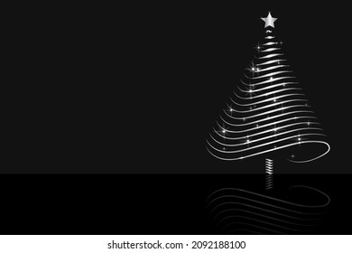 Merry Christmas and a Happy New Year. Silver Christmas tree on black background. Decorative card. Vector Illustration.