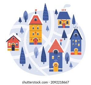 Merry Christmas and Happy New Year. Cute Scandinavian town on background a snowy winter landscape. Hand drawn illustration of Christmas tree, city, houses, streets for postcard, banner, poster