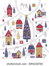 Merry Christmas and Happy New Year! Cute Scandinavian town on background a snowy winter landscape. Hand drawn illustration of Christmas tree, city, houses, streets for postcard, congratulation, poster