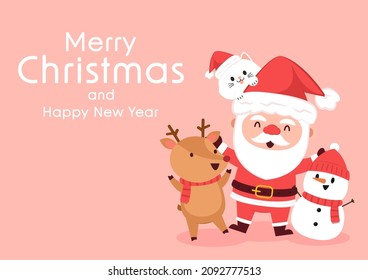 Merry Christmas and happy new year 2022 greeting card. Santa Claus cartoon Cute Christmas mascot.