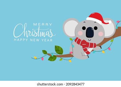 Merry Christmas and happy new year greeting card with koala bear wear red hat and scarf. Australia animal wildlife cartoon character. -Vector 