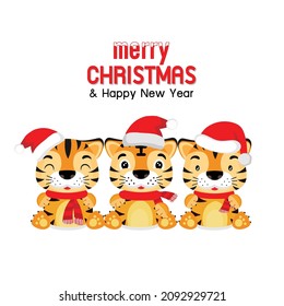 Merry Christmas and Happy New Year card. Cute Tiger in santa hat cartoon.