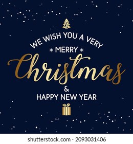 Merry Christmas and Happy New Year lettering template. Greeting card invitation with golden snowflakes. Winter holidays related typographic quote. Vector vintage illustration.