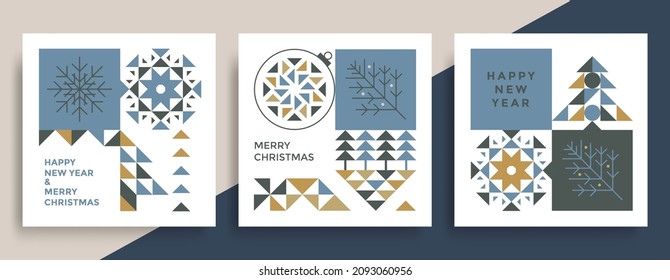 Merry Christmas and Happy New Year greeting card. Christmas tree and balls with a pattern of triangles. Colorful geometric Xmas invite.