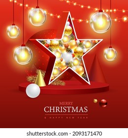 Merry Christmas and happy New Year poster with christmas holiday decorations. Christmas holiday background. Vector illustration